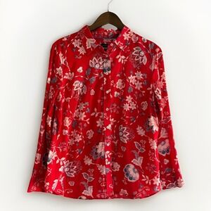 Talbots Floral Button Up Shirt Lightweight Cotton Red Collar Breathable Large